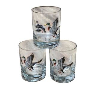 Norman R Adams Mallard Duck Whiskey Glasses Set of 4 Vintage Rocks Lowball Glass